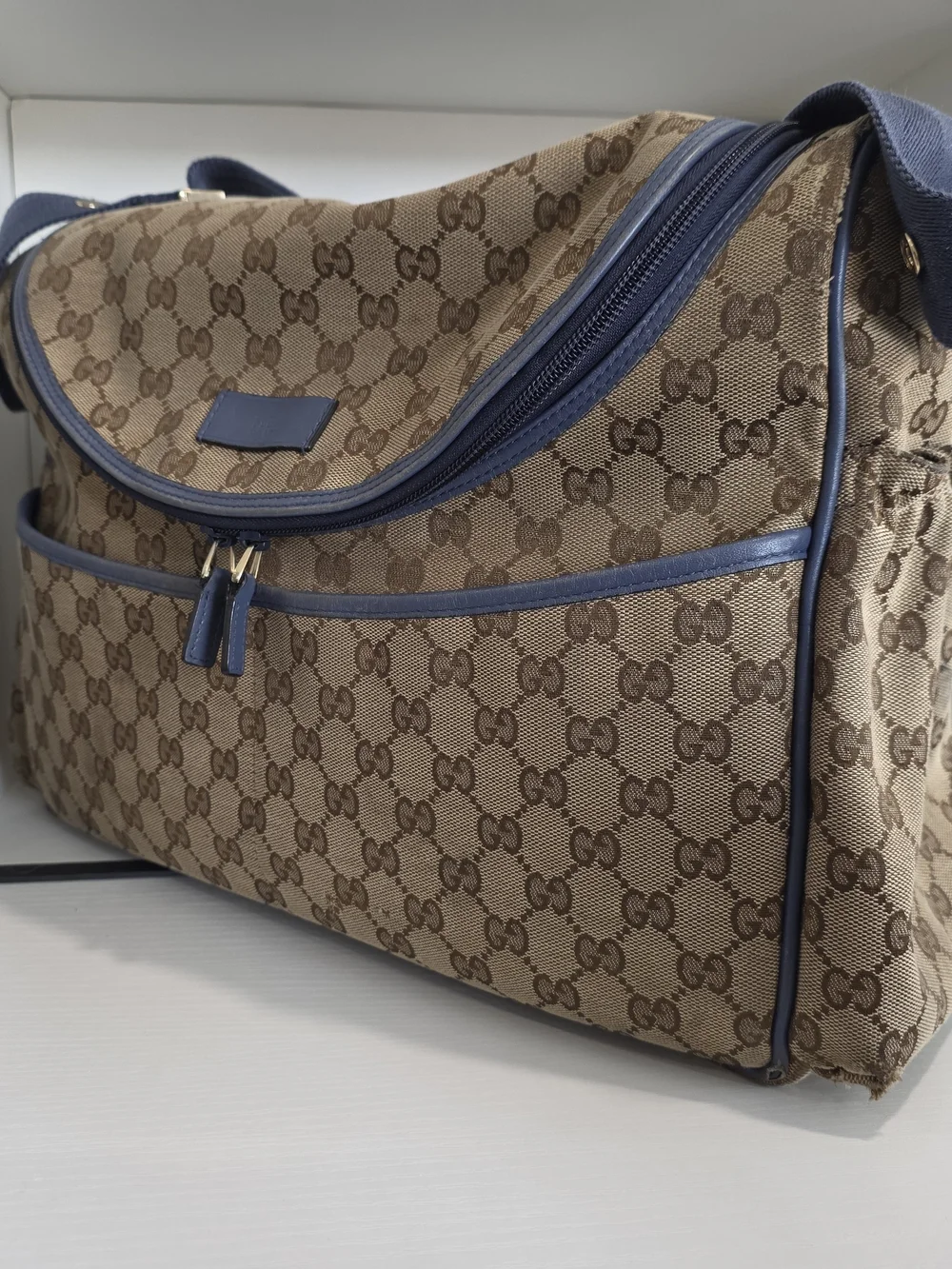 Gucci Beige GG Supreme Canvas Shoulder/Baby/Diaper Bag with Blue Trim